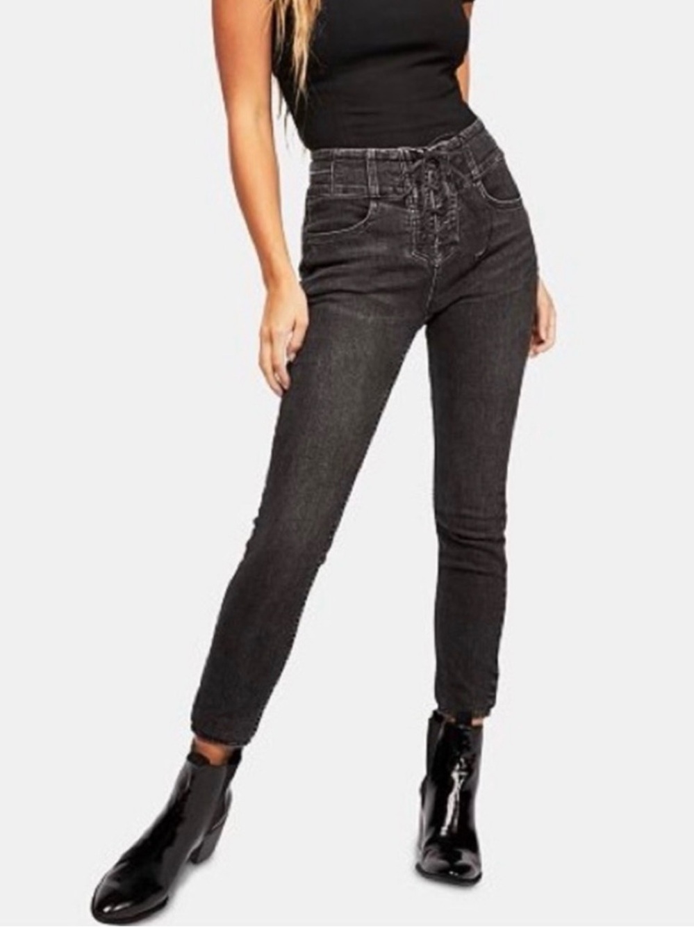 WE THE FREE CRVY charcoal gray lace-up high-waist skinny stretchy jeans, size 29 - Picture 15 of 16